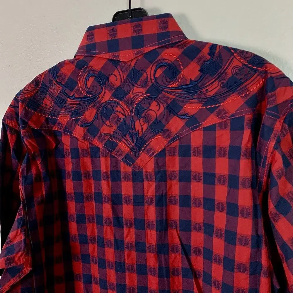 Panhandle Slim Men's Red/Blue Plaid Pearl‎ Snap Western Shirt Size Large